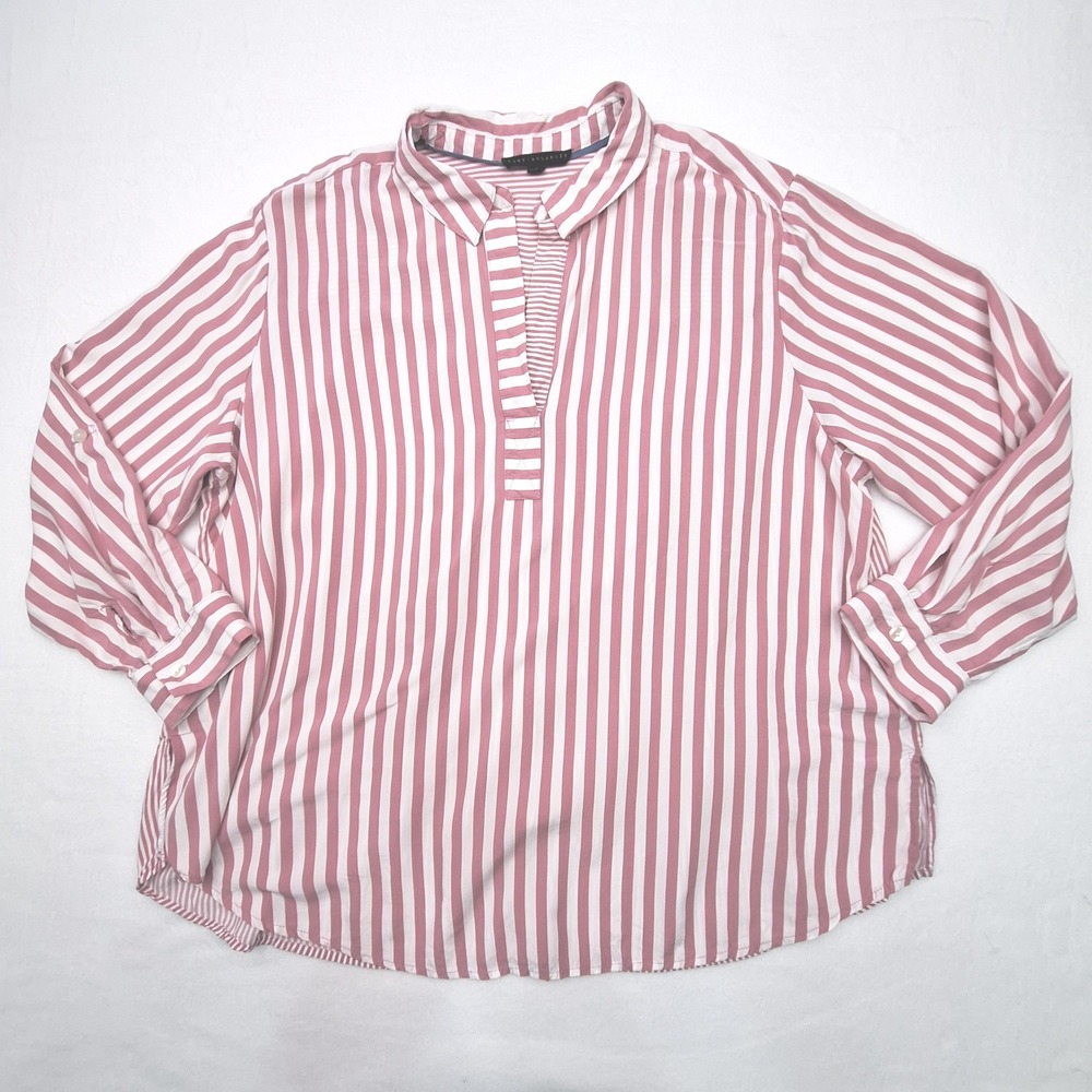 Jane + Delancey Blouse Womens 1X Pink Striped Roll Tab Sleeve Button Back Tunic
